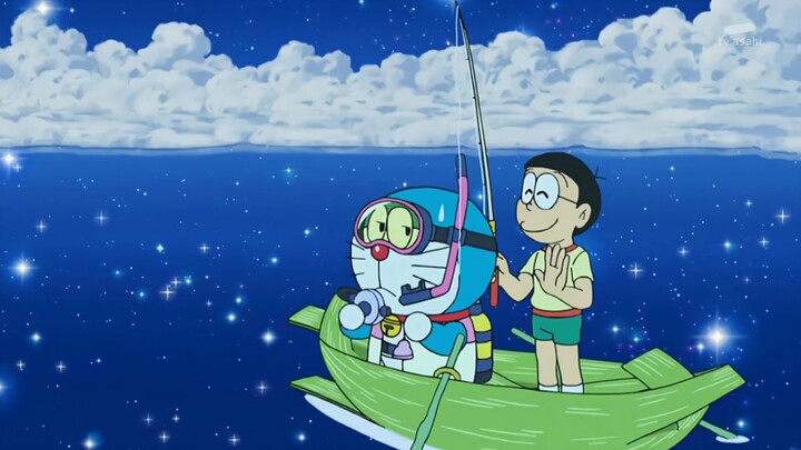 Nobita and Dora actually went to the sky to fish for stars. Do you think they can really catch them?