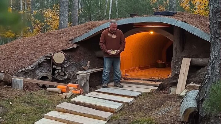 Man Builds 2-Room Log CABIN Underground Start to Finish