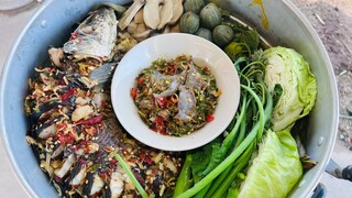 นึ่งปลาโอบสมุนไพร พร้อมแจ่วพริกดิบ ปลาร้าต่อนสูตรเด็ด