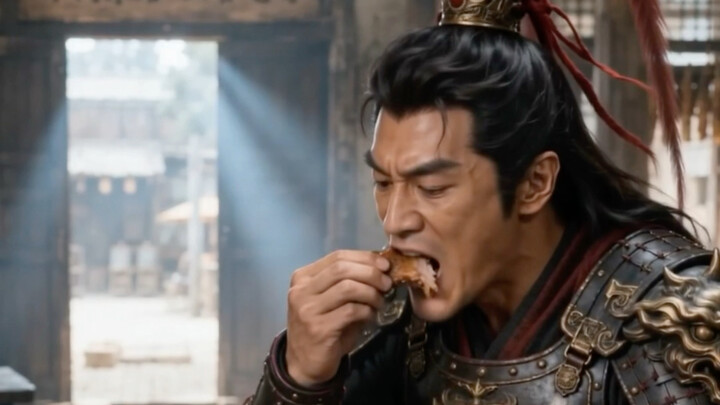 Lü Bu challenges Cao Cao and even wants to eat a whole sheep.