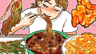 🍜打工人美食动画：下班后体验令人垂涎欲滴的炸酱面 糖醋肉 SSIKBBANG Toon