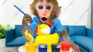 Monkey Baby Bon Bon learns how to draw ducks and Eats Ice Cream with puppy at the pool
