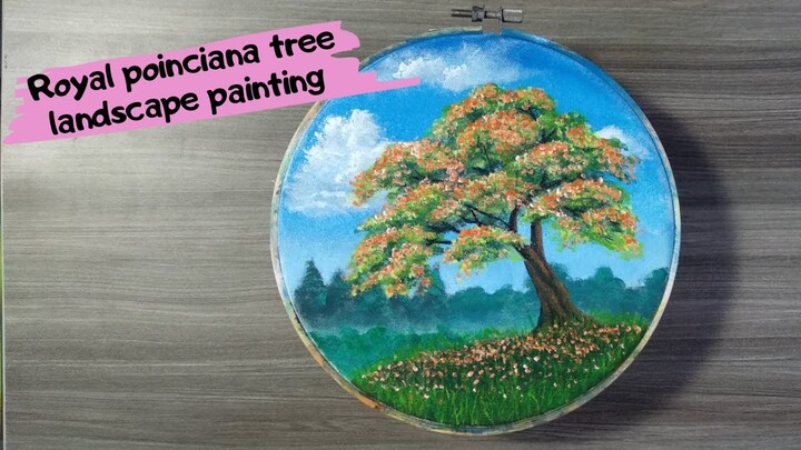 Acrylic painting - Royal poinciana tree landscape painting.