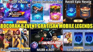 UPDATE JADWAL RILIS 8 EVENT GRATISAN MOBILE LEGENDS 2023/2024! EVENT KOF, MLBB X AOT, DAWNING STAR