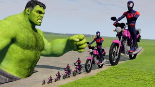 Big & Small Spider-Man Miles Morales on Motorcycle vs HULK | BeamNG.Drive