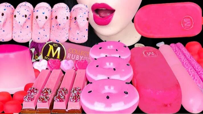 ASMR PINK DESSERT *HOT PINK DONUT, MAGNUM ICE CREAM , PEEPS MARSHMALLOW , CUP JELLY EATING MUKBANG먹방