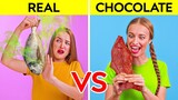 REAL FOOD VS CHOCOLATE FOOD CHALLENGE || Funny Prank Wars by 123 GO! Challenge