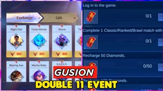 GUSION DOUBLE 11 EVENT PRIZE POOL || MOBILE LEGENDS NEW FREE SKIN EVENT || MLBB