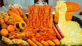 ASMR MUKBANG| 직접 만든 불닭볶음면 핫도그 소세지 치즈볼 먹방 & 레시피 FRIED CHICKEN AND FIRE NOODLES EATING