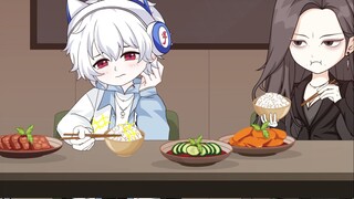 He kept hitting the bowl with his chopsticks while eating. Even though his parents looked angry, he 