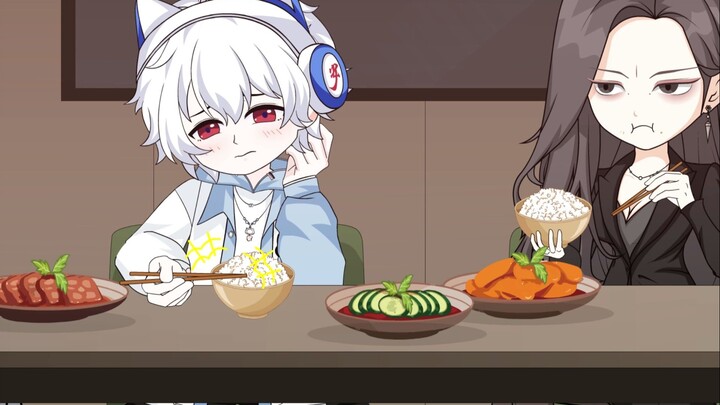 He kept hitting the bowl with his chopsticks while eating. Even though his parents looked angry, he 