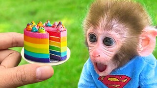 Little Monkey Bon Bon doing shopping in cake store and eat fruit funny with the puppy