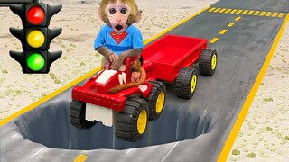 Monkey Baby Bon Bon drives a car and naughty with puppy and duckling by the track