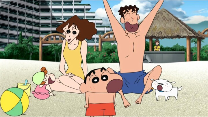 蜡笔小新：小新一家来到海边，欣赏比基尼美女，意外发现炸弹【甜甜讲动漫】