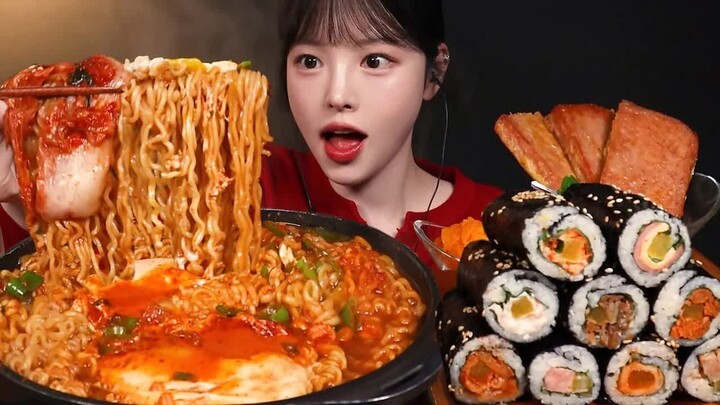 [Boki Chinese Subtitles] Spicy Ramen and Mini Nori Rolls with Grilled Ham!