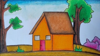 Menggambar rumah sederhana || Cara menggambar dan mewarnai  rumah dan pekarangan