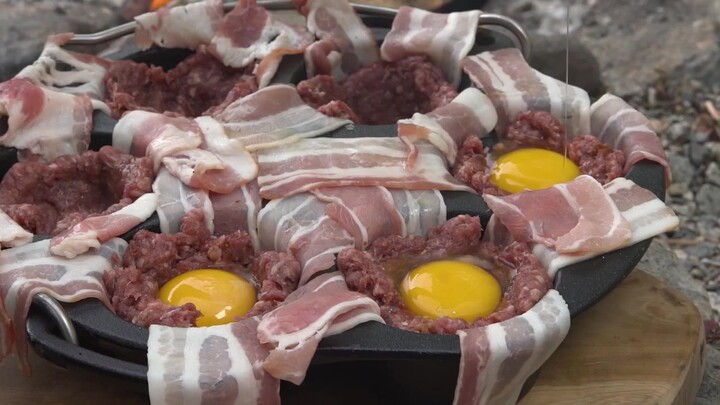 [Outdoor Grilled Steak on a Stone Slab + Bacon-Egg Balls]