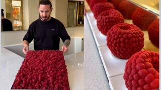 Using raspberries as the main ingredient, perfectly recreating a raspberry-shaped cake—this is some 
