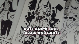 Cute Anime Girl || Black and White Art (SPEED DRAWING)