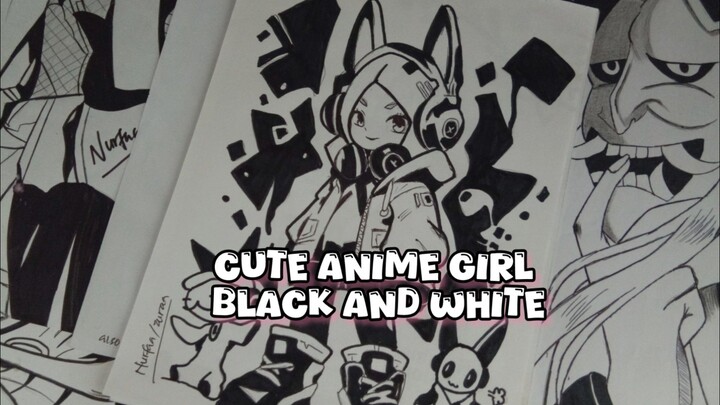 Cute Anime Girl || Black and White Art (SPEED DRAWING)
