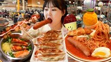 수원 스타필드에 쇼핑하러 갔다 먹방 찍고 왔어요🤣소세지 토마토 파스타, 연어 솥밥, 닭꼬치, 통새우만두, 노티드도넛, 런던베이글 Korean Street Foods Mukbang