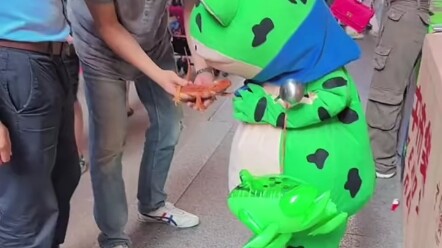Kadal itu diletakkan di kepala katak kecil. Katak kecil itu tidak berdaya.