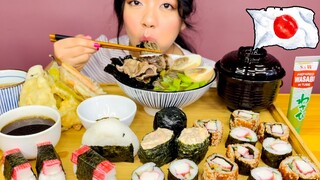 BEEF SOBA RAMEN, SUSHI ROLLS, ONIGIRI, VEGETABLE TEMPURA | collab with @Grace ASMR MUKBANG