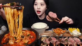 [Mukbang TV] - Ăn Bít Tết Thịt Sườn Cừu, Mì Cay Hải sản| ASRM