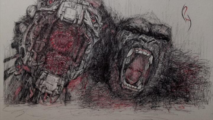 One pen drawing - King Kong & Mecha-Godzilla
