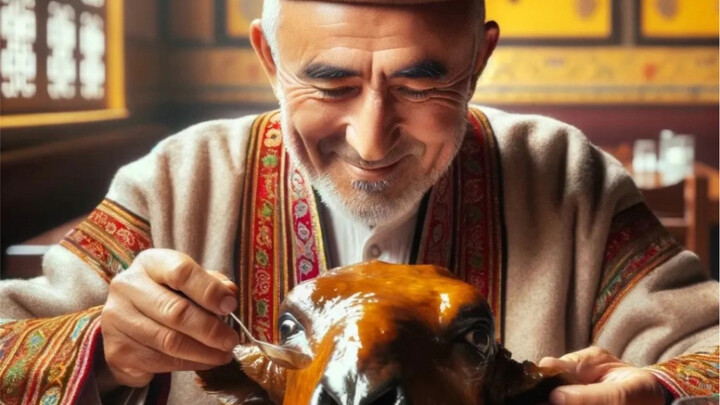 Let ChatGPT generate a scene where Old Horse eats sheep heads, but the sheep heads keep getting bigg