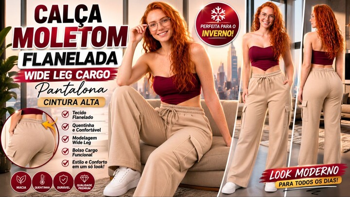 Calça Moletom Flanelada Feminina Wide Leg Cargo Pantalona Cintura Alta Inverno Quentinha
