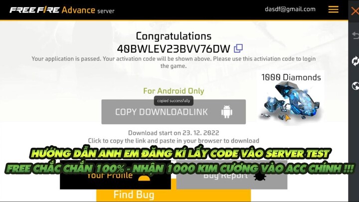 Free Fire | Hướng dẫn anh em cách đăng kí lấy code vào server test trải nghiệm kiếm 1000 Kim cương