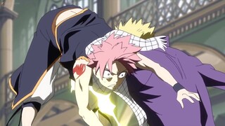 Laxus summons Fairy Law to fight Natsu and Gajeel . Natsu defeats Laxus