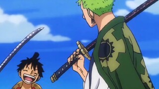 Luffy plays with the demon sword but doesn't give it to Zoro. Zoro is so angry that he turns red and