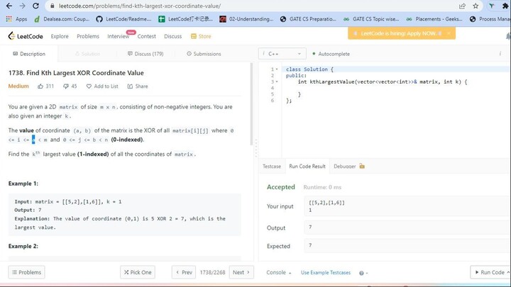 1738. Find Kth Largest XOR Coordinate Value