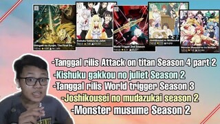 tanggal rilis Aot s4 part 2,kishuku no juliet s2,world trigger s3,kousei no mudazukai s2,Musume s2