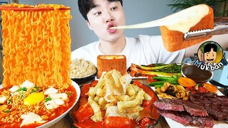 ASMR MUKBANG 순두부 열라면 & 떡볶이 & 치즈 통스팸 & 스테이크 FIRE Noodle & STEAK & CHEESE SPAM EATING SOUND!