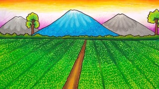 Cara menggambar pemandangan kebun teh || Menggambar dan mewarnai perkebunan teh || Menggambar gunung