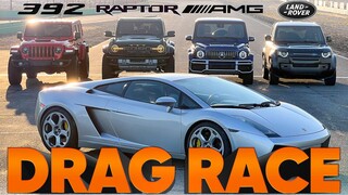 Bronco Raptor vs G63 AMG vs Jeep Wrangler 392 vs Defender V8 vs Gallardo — Cammisa Drag Race Replay