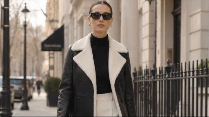Nyra Black Double-Breasted Leather Coat | Shearling Trim | Luxury Winter Fashion