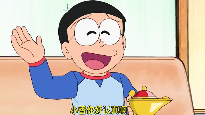 Nobita and Doraemon are fishing in the bedroom, hauling up bucket after bucket—what a huge win!