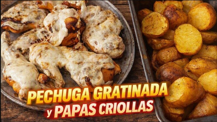 Pechuga al Horno Gratinada con Queso y Papas Criollas _ Receta Fácil y Deliciosa