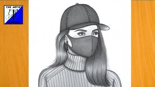 Girl with mask drawing | How to draw a girl wearing a hat | Pencil sketch for beginners | Drawing