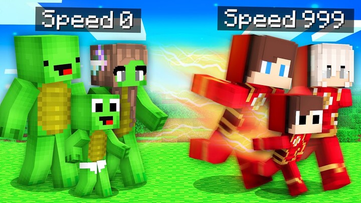 JJ FAMILY Having 999 SPEED Speedrunner vs Mikey FAMILY Having 0 SPEED Hunter in Minecraft Maizen!