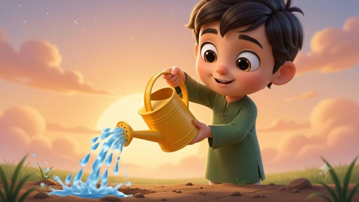 The beautiful moment of a little child watering a tree