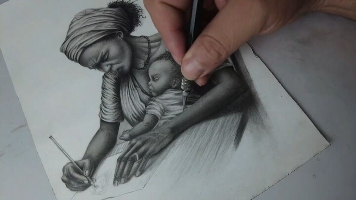 DESENHO REALISTA MULHER NEGRA COM SEU BEBE