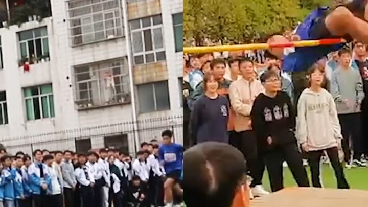 The student broke the school's 28-year record in the 2-meter high jump, and classmates cheered non-s