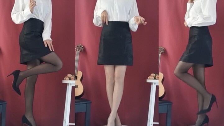 Nine: Shirt + leather skirt + fishnet stockings, black tights + red-soled heels → Mm, a very mature 