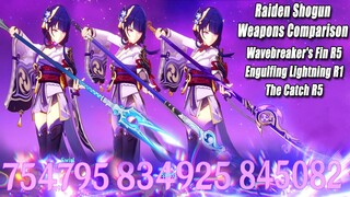Raiden Shogun Wavebreaker's Fin R5 vs The Catch R5 vs Engulfing Lightning R1 Damage Comparison