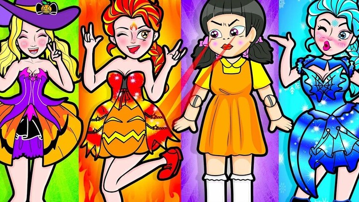 剪纸动画，长发公主穿上了漂亮的万圣节礼服。